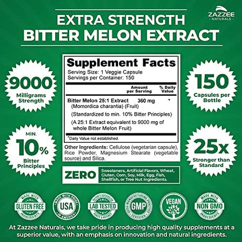 Zazzee Extra Strength Bitter Melon 25:1 Extract, 9000 mg Strength, 150 Vegan Capsules, 10% Bitter Principles, 5 Month Supply, Non-GMO and All-Natural